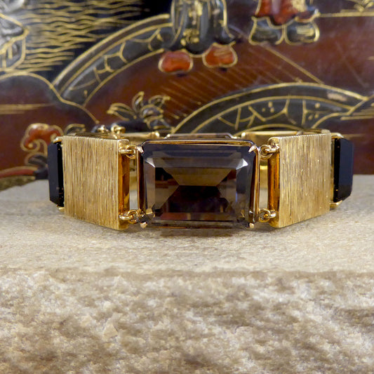 1970's Smokey Quartz Panel Bracelet in 9ct Yellow Gold with Bark Detail - Wharfedale Antiques