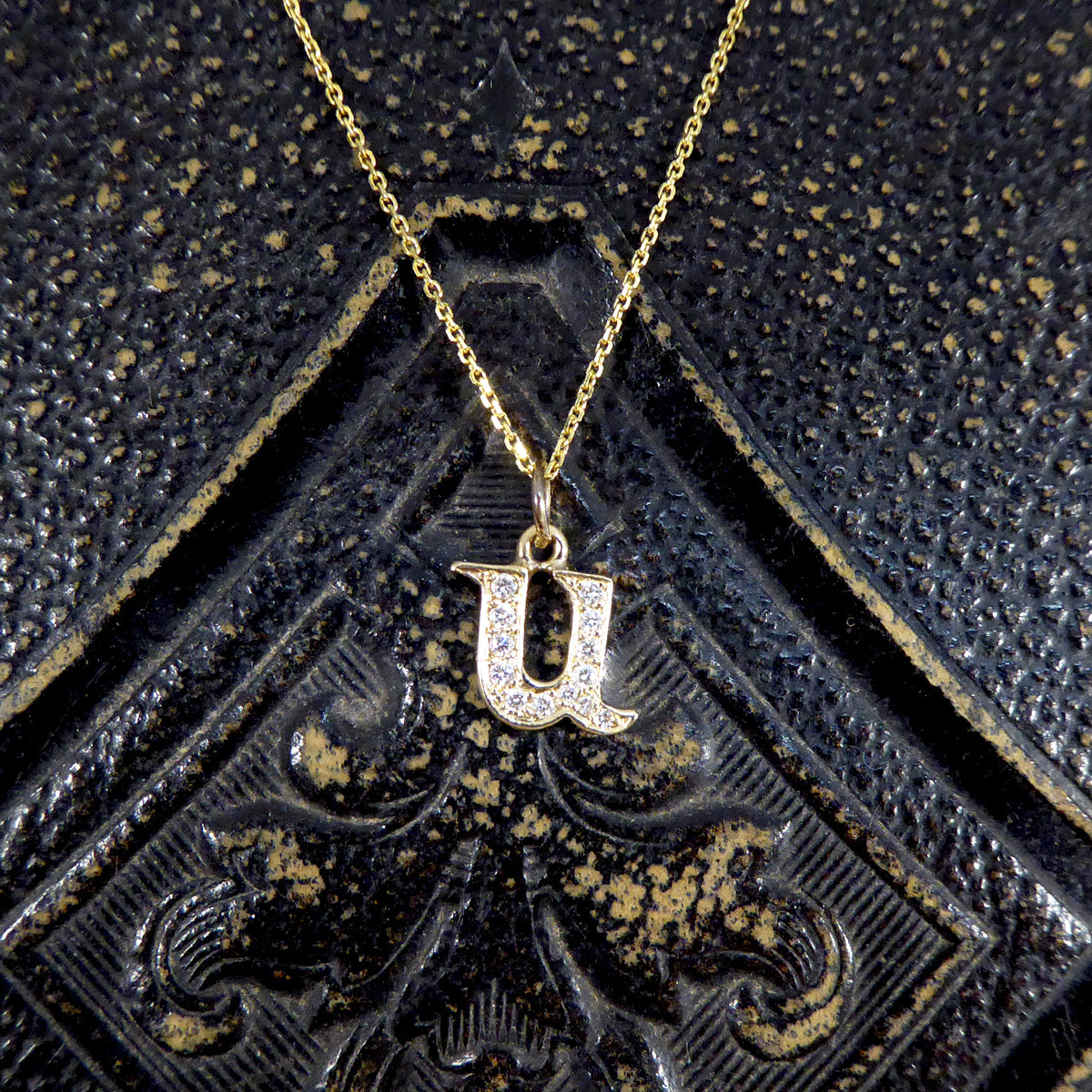 Diamond Set U Initial Pendant in 18ct Yellow Gold on a Yellow Gold Necklace Chain - Wharfedale Antiques
