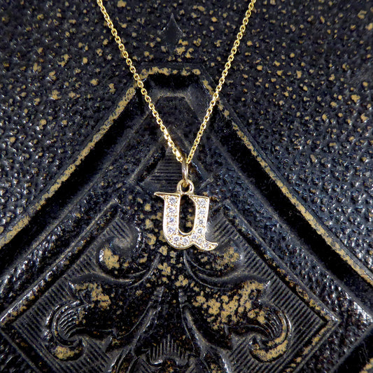 Diamond Set U Initial Pendant in 18ct Yellow Gold on a Yellow Gold Necklace Chain - Wharfedale Antiques