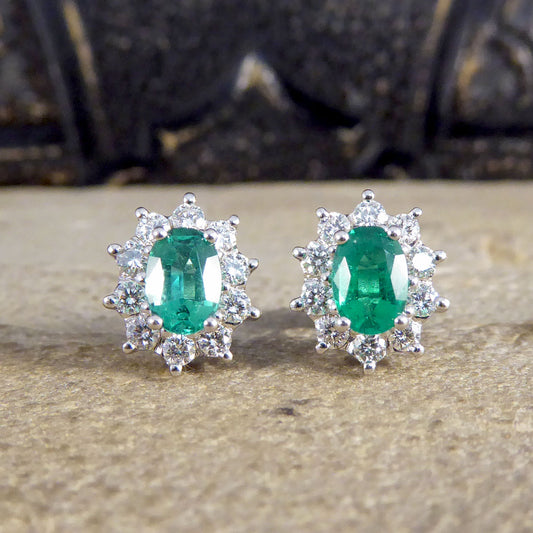 Contemporary Emerald and Diamond Cluster Earrings in 18ct White Gold - Wharfedale Antiques