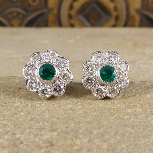 Contemporary Emerald and Diamond Cluster Earrings in 18ct White Gold - Wharfedale Antiques