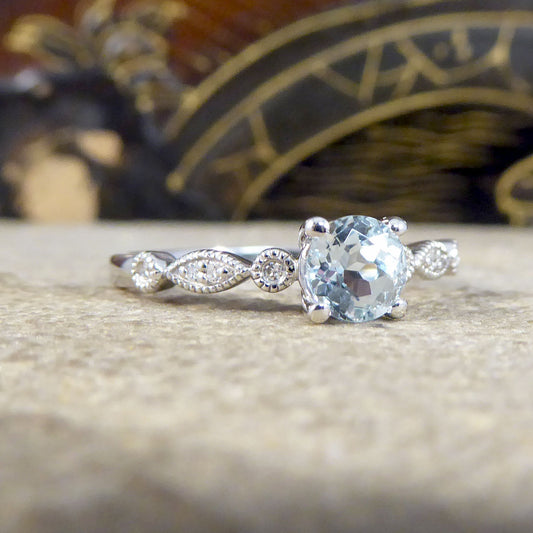 Aquamarine Solitaire Ring with Diamond Milgrain Shoulders in White Gold - Wharfedale Antiques