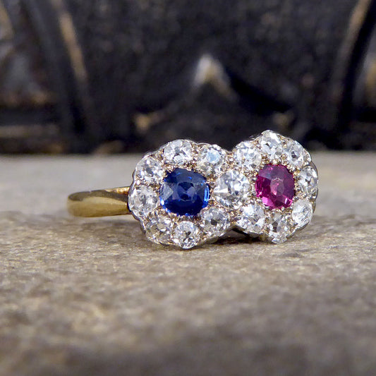 Edwardian Double Sapphire and Ruby Diamond Daisy Cluster Ring in 18ct Yellow Gold - Wharfedale Antiques