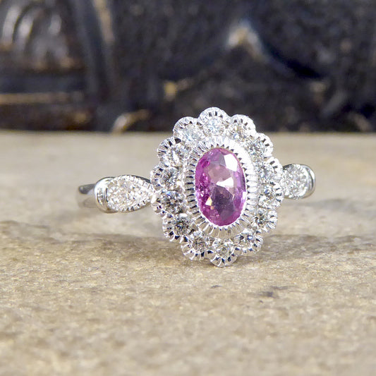 INSTAGRAM GIVEAWAY Pink Sapphire and Diamond Cluster Ring Mounted in Platinum - Wharfedale Antiques