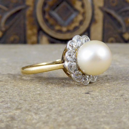 1930's Cultured Pearl and Diamond Cluster Ring in 18ct Gold - Wharfedale Antiques