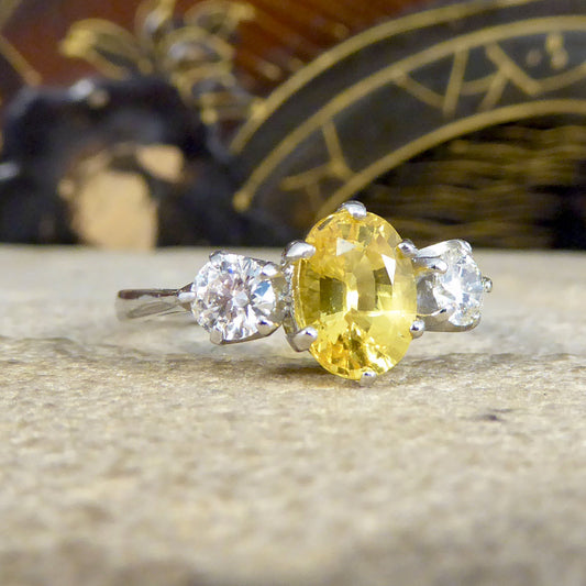 Contemporary 1.84ct Yellow Sapphire and Diamond Three Stone Ring in Platinum - Wharfedale Antiques