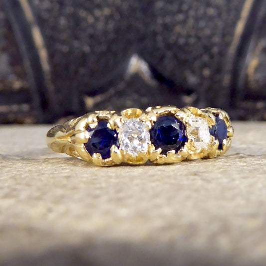 Antique Late Victorian Sapphire and Diamond Five Stone Ring in 18ct Yellow Gold - Wharfedale Antiques
