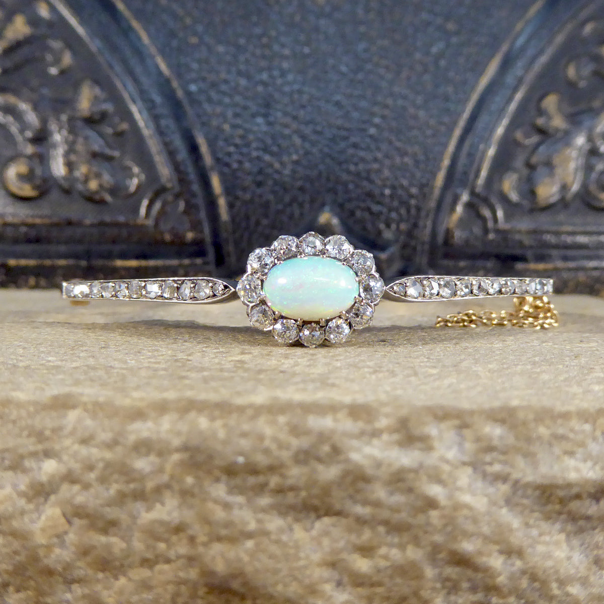 Late Victorian Opal and Diamond Cluster Bangle in 14ct Yellow Gold and Silver