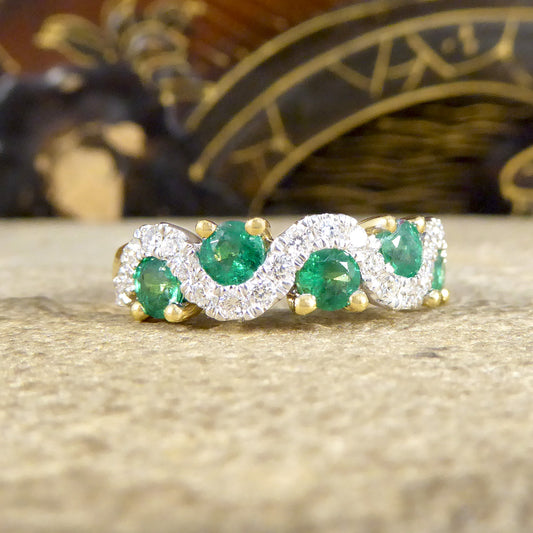 Emerald and Diamond Lazy River Band Ring in 18ct Yellow Gold - Wharfedale Antiques