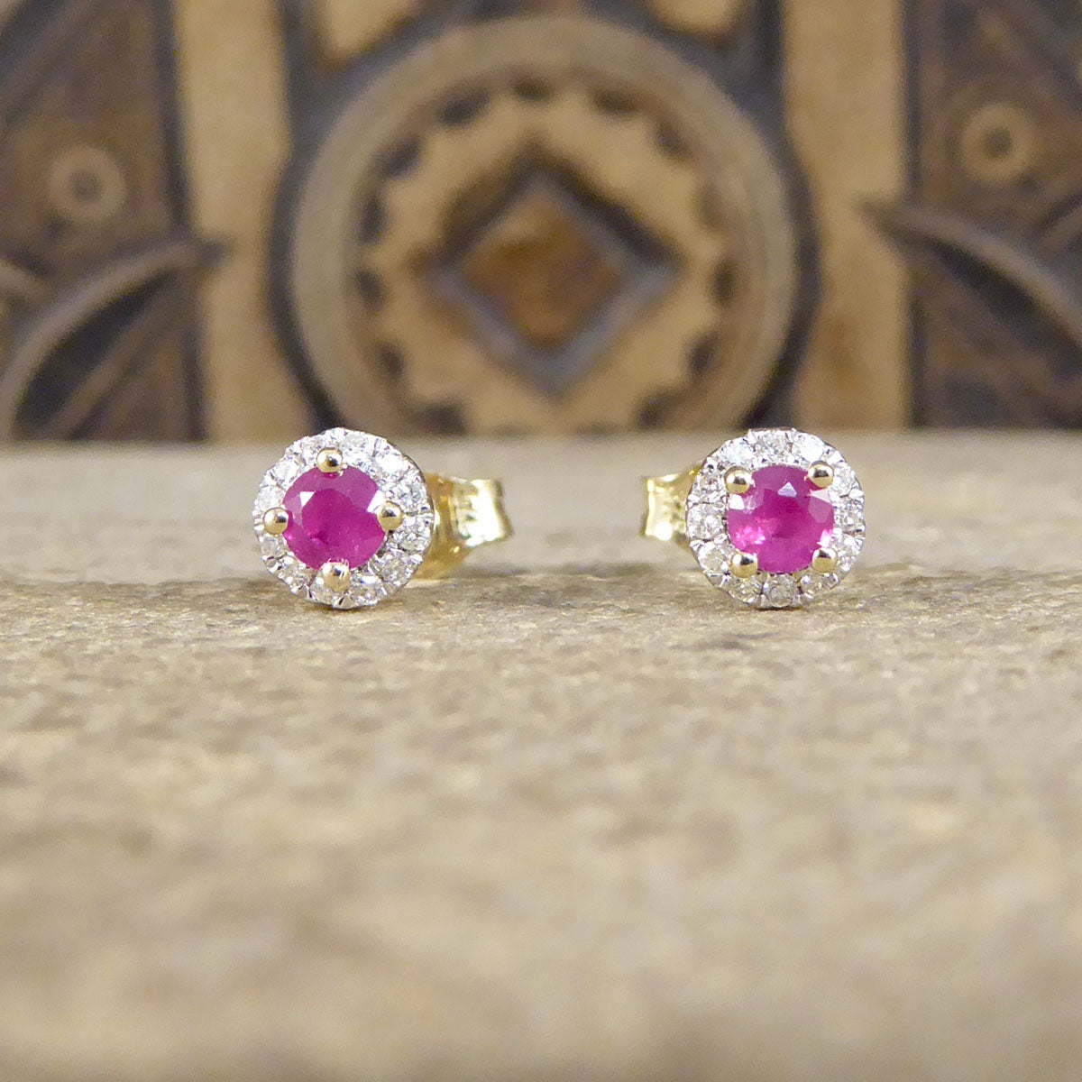 Ruby and Diamond Target Cluster Stud Earrings in 9ct Yellow and White Gold - Wharfedale Antiques