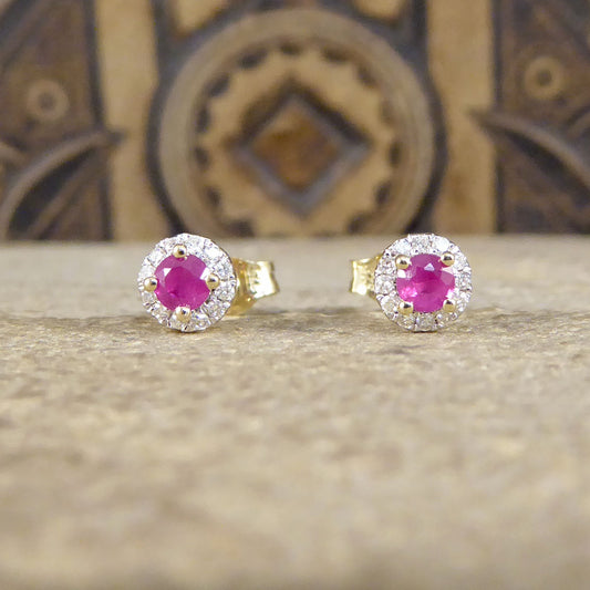 Ruby and Diamond Target Cluster Stud Earrings in 9ct Yellow and White Gold - Wharfedale Antiques