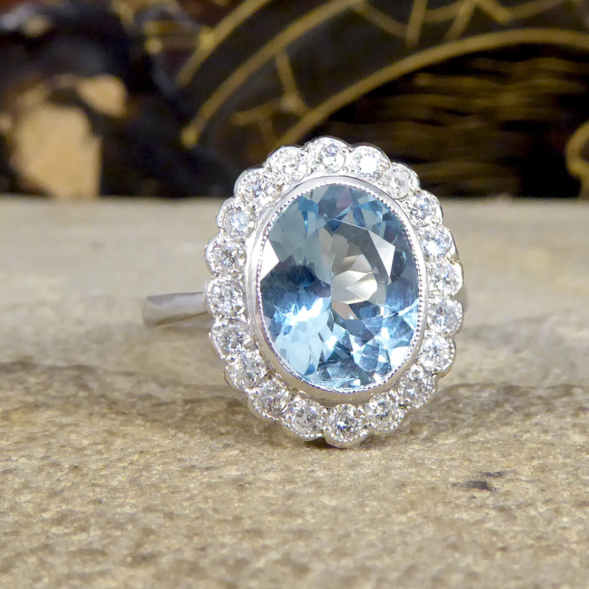 Edwardian Inspired 2.25ct Aquamarine and Diamond Cluster Ring in Platinum - Wharfedale Antiques