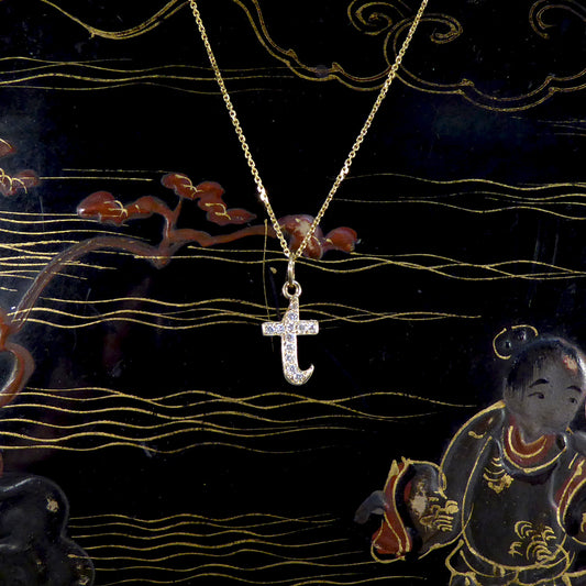 Diamond Set T Initial Pendant in 18ct Yellow Gold on a Yellow Gold Necklace Chain - Wharfedale Antiques