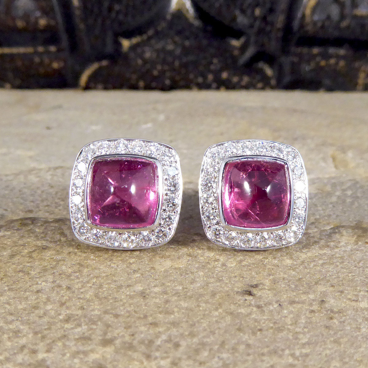 5.78ct Sugarloaf Cut Pink Tourmaline and Diamond Halo Cluster Stud Earrings in 18ct White Gold