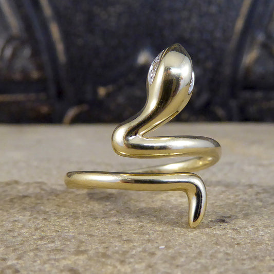 Contemporary New Diamond set Eyed Snake Ring in 9ct Yellow Gold - Wharfedale Antiques