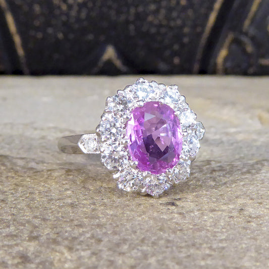 Contemporary Edwardian Style 1.15ct Pink Sapphire and Diamond Cluster Ring in Platinum - Wharfedale Antiques