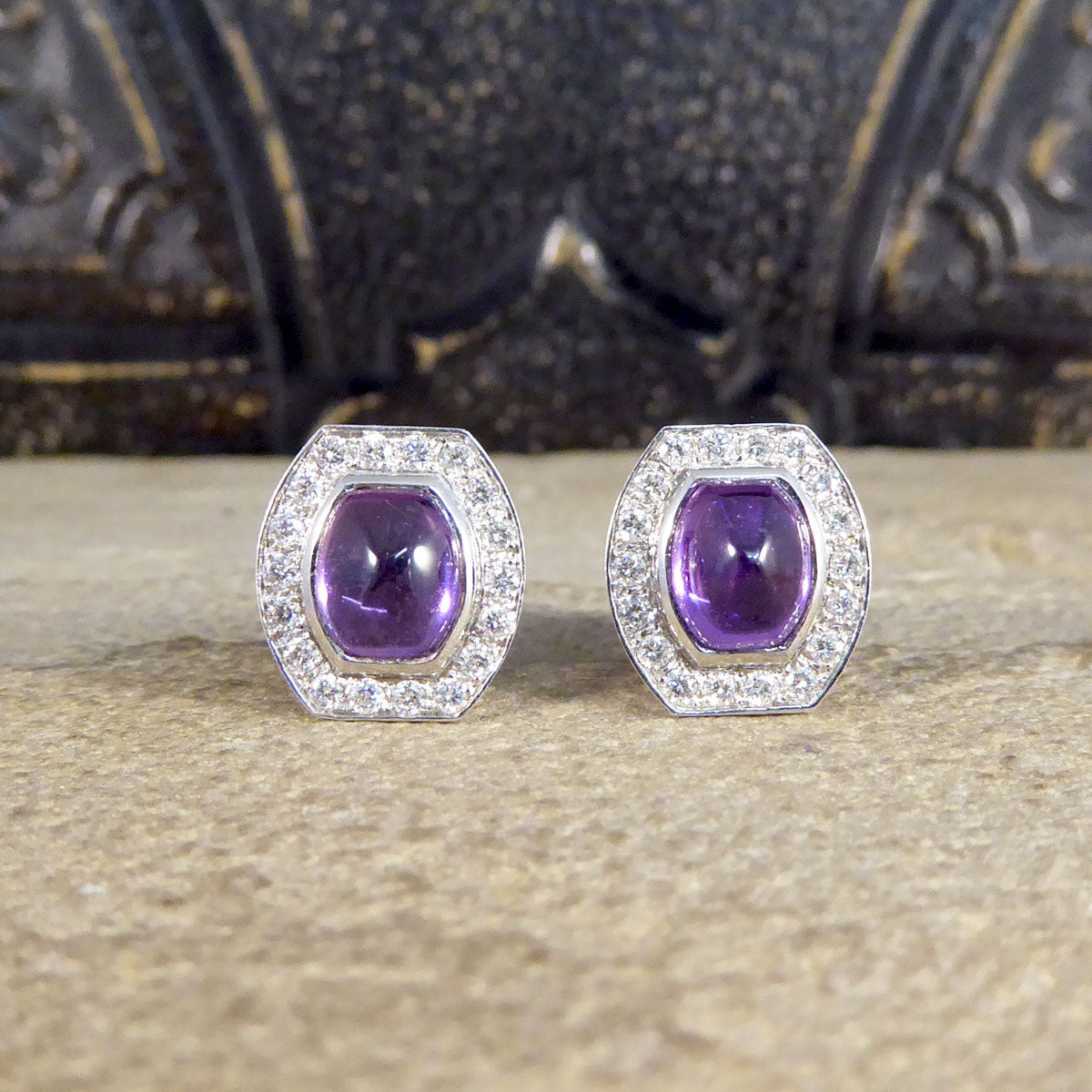 3.40ct Cabochon Cut Purple Sapphire and Diamond Halo Cluster Stud Earrings