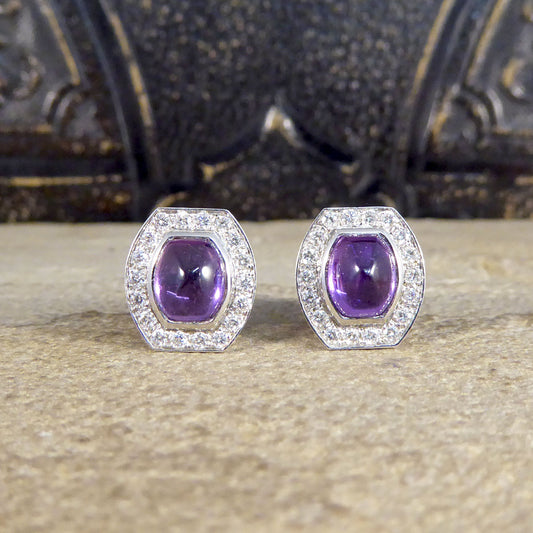 3.40ct Cabochon Cut Purple Sapphire and Diamond Halo Cluster Stud Earrings - Wharfedale Antiques
