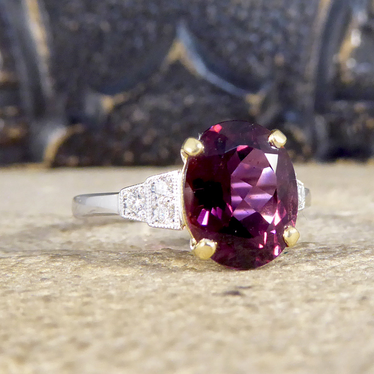Premium Period Deco Replica 2.77ct Raspberry Red Tourmaline and Diamond Ring in 18ct White and Yellow Gold - Wharfedale Antiques