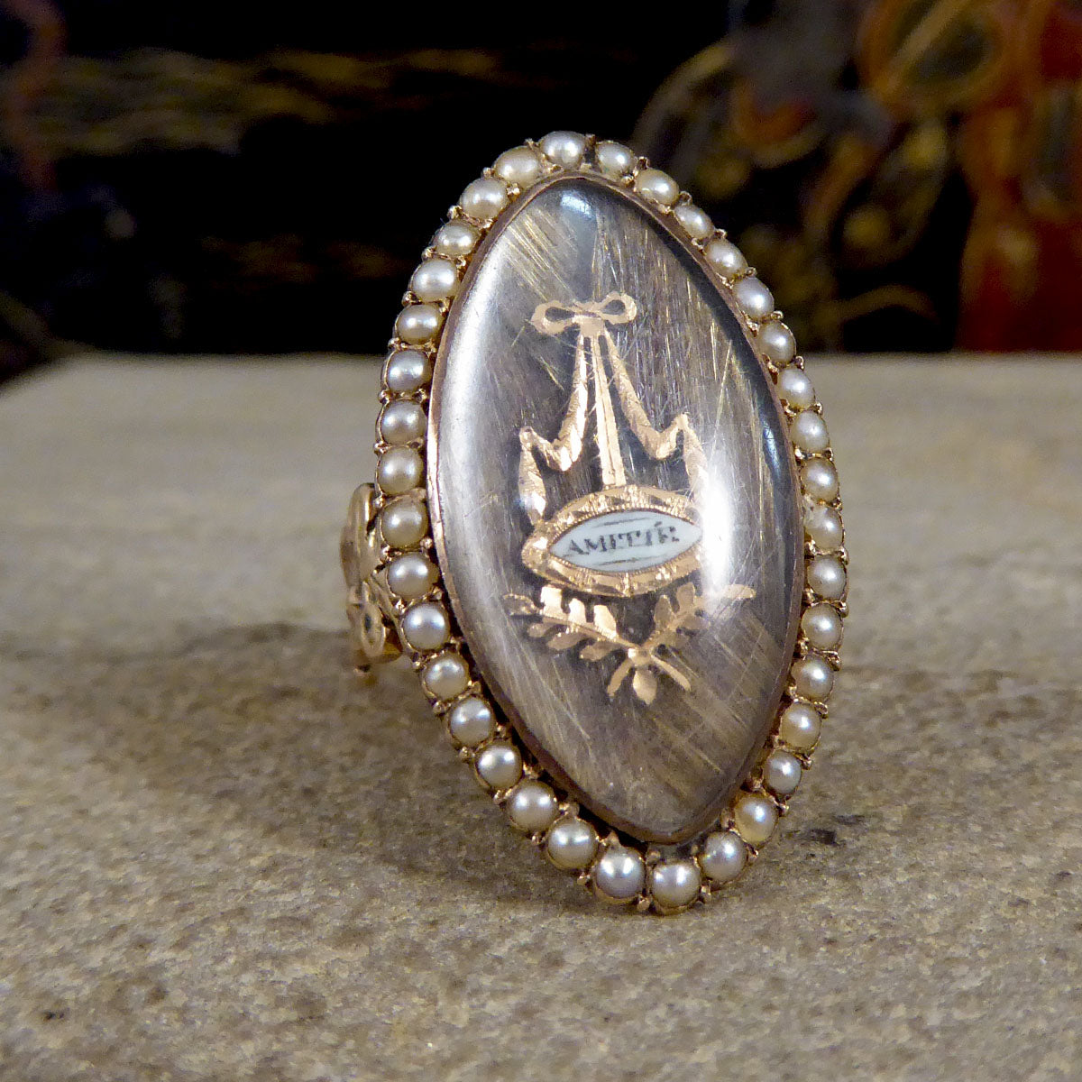 Antique Georgian Amitie Marquise Shaped Seed Pearl Memorial Ring with Platted Hair in Gold - Wharfedale Antiques