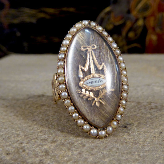 Antique Georgian Amitie Marquise Shaped Seed Pearl Memorial Ring with Platted Hair in Gold - Wharfedale Antiques