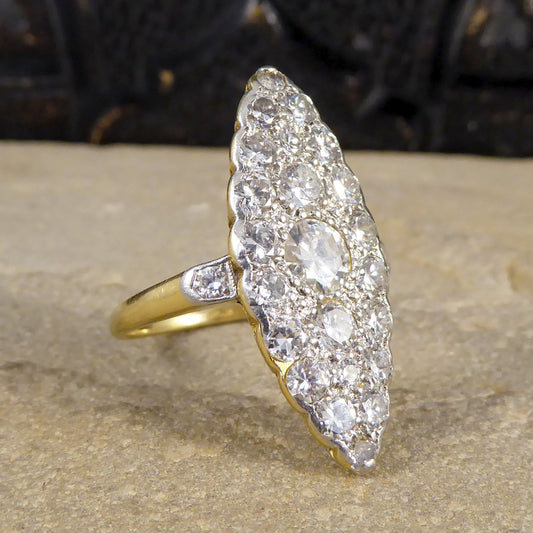 Edwardian 2.3ct Diamond Marquise Shaped Ring in 18ct Yellow Gold and Platinum - Wharfedale Antiques