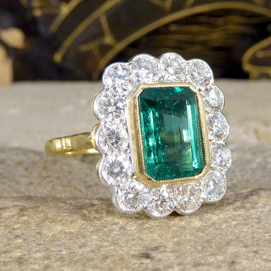 Contemporary Edwardian Style 2.50ct Emerald and 1.20ct Diamond Cluster Ring in 18ct Gold - Wharfedale Antiques