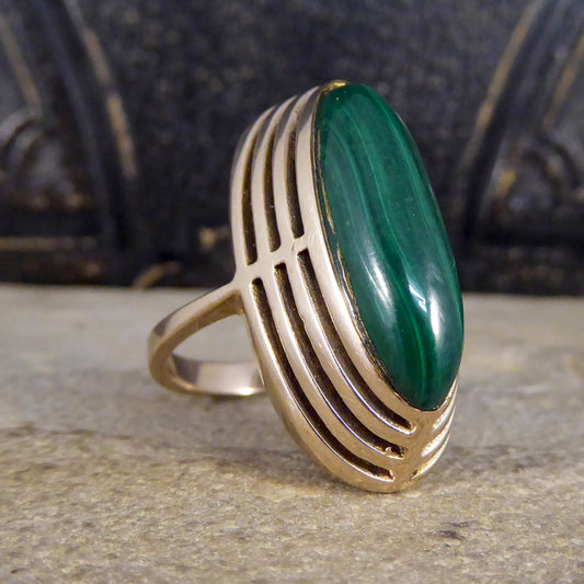 Art Deco High Set Malachite Ring in 9ct Yellow Gold - Wharfedale Antiques