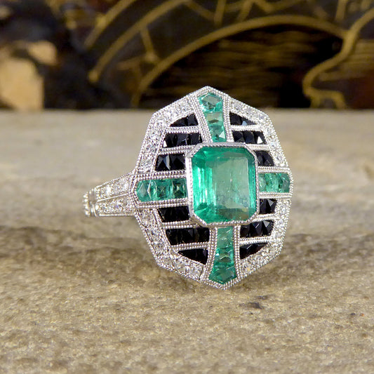 Art Deco Style Vintage Emerald Onyx and Diamond Geometric Cluster Ring in Platinum - Wharfedale Antiques