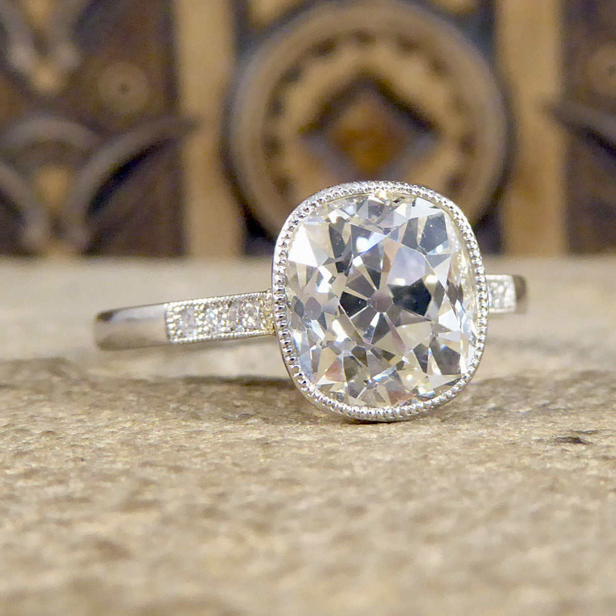 2.35ct Old Cushion Cut Diamond Collar Set Solitaire Engagement Ring with Diamond Shoulders in Platinum - Wharfedale Antiques