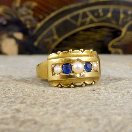 Antique Late Victorian Sapphire and Pearl Five Stone Ring in 15ct Yellow Gold - Wharfedale Antiques