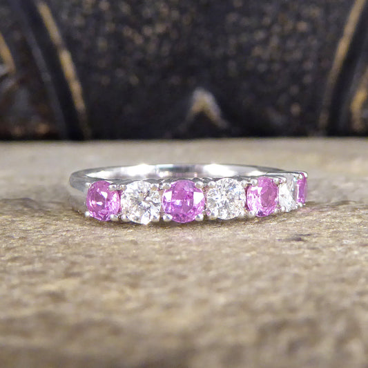 Pink Sapphire and Diamond Half Eternity Ring in 18ct White Gold - Wharfedale Antiques