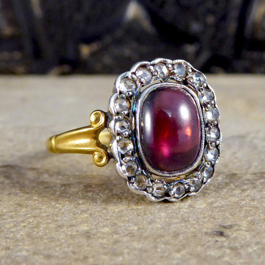 Antique Style Cabochon Garnet and Diamond Cluster Ring in 18ct Yellow Gold - Wharfedale Antiques