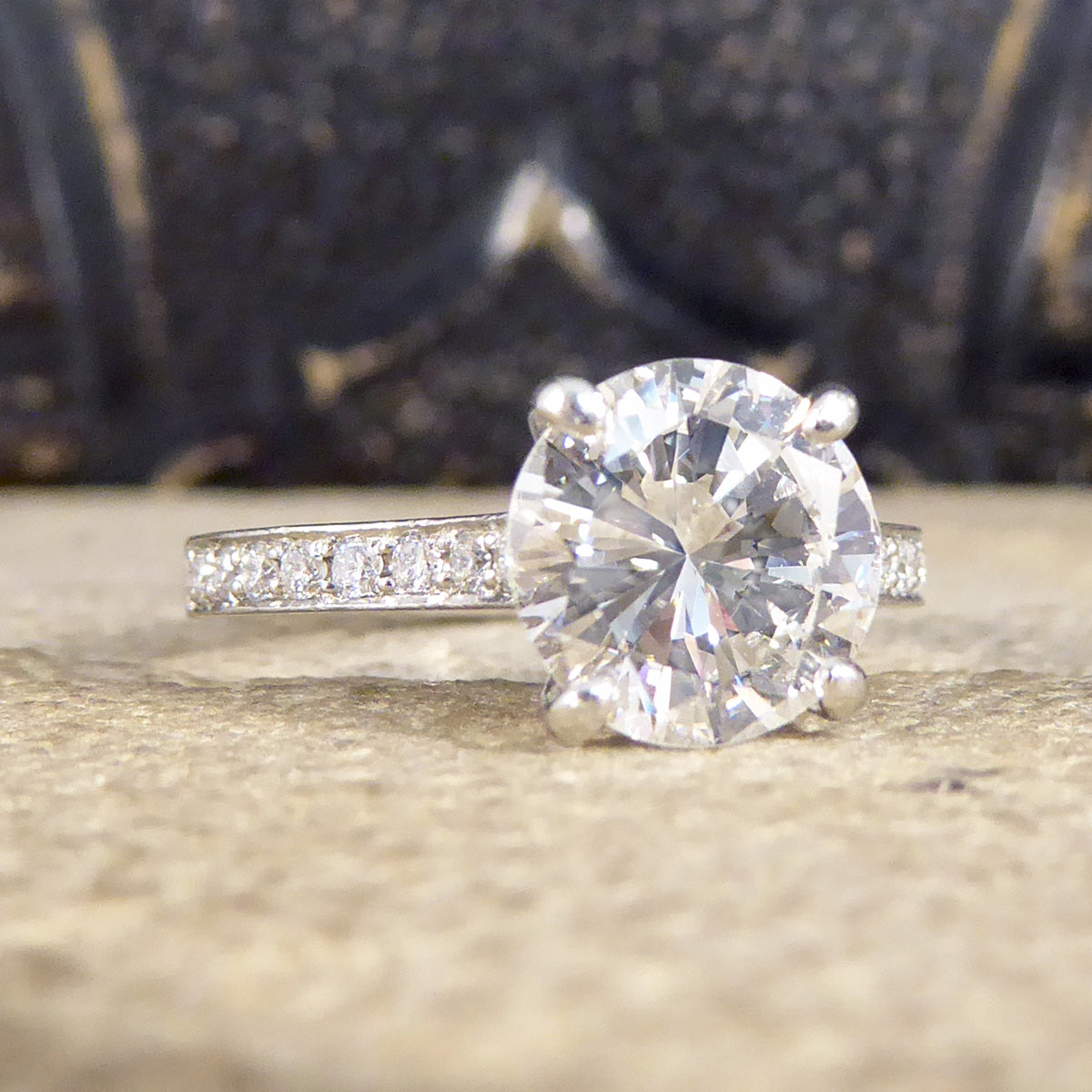 1.91ct Brilliant Cut Diamond Solitaire Engagement Ring with Diamond Shoulders in Platinum - Wharfedale Antiques
