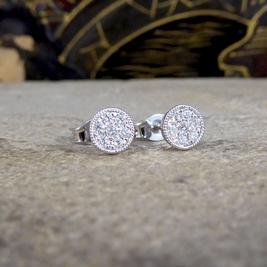 Diamond Cluster Stud Earrings in 9ct White Gold Milgrain Circular Setting - Wharfedale Antiques