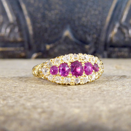 Late Victorian Ruby Five Stone and Diamond Cluster Ring in 18ct Yellow Gold - Wharfedale Antiques