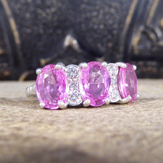 Pink Sapphire Three Stone Ring with Diamond Spacers in 18ct White Gold - Wharfedale Antiques