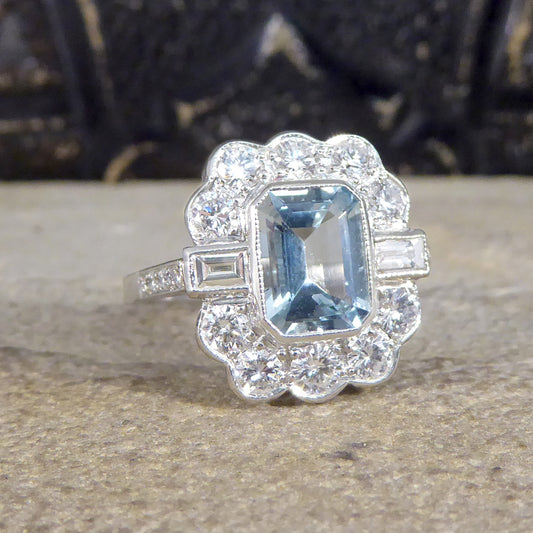 Contemporary Edwardian Style 1.30ct Aquamarine and Diamond Ring in Platinum - Wharfedale Antiques