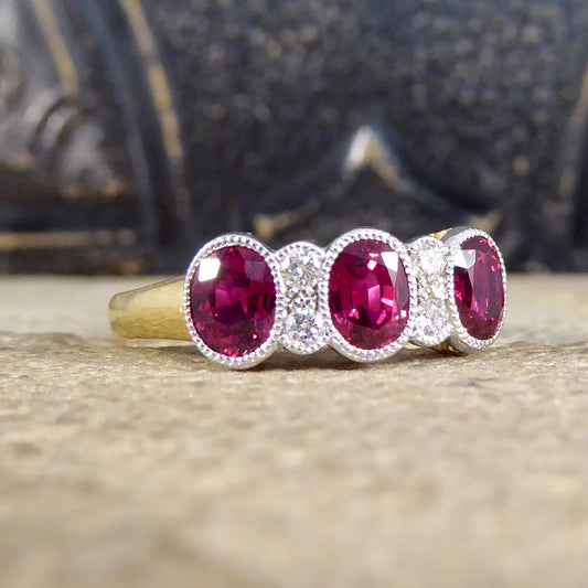 Quality Burma Ruby Three Stone Ring with Diamond Spacers in 18ct Yellow and White Gold - Wharfedale Antiques