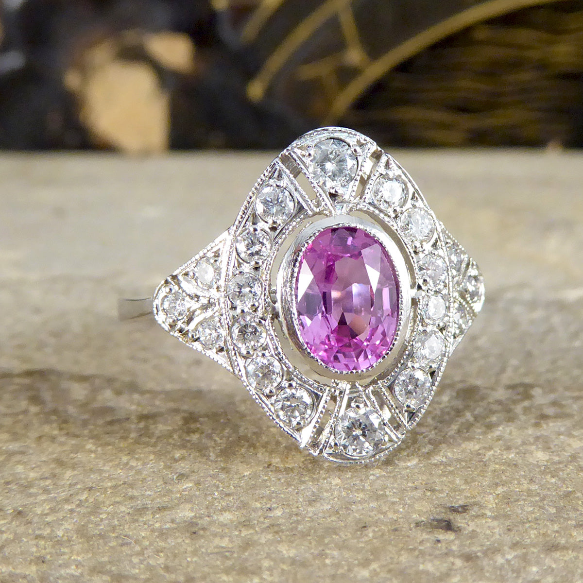 Art Deco Style Pink Sapphire and Diamond Navette Shaped Plaque Ring in Platinum - Wharfedale Antiques
