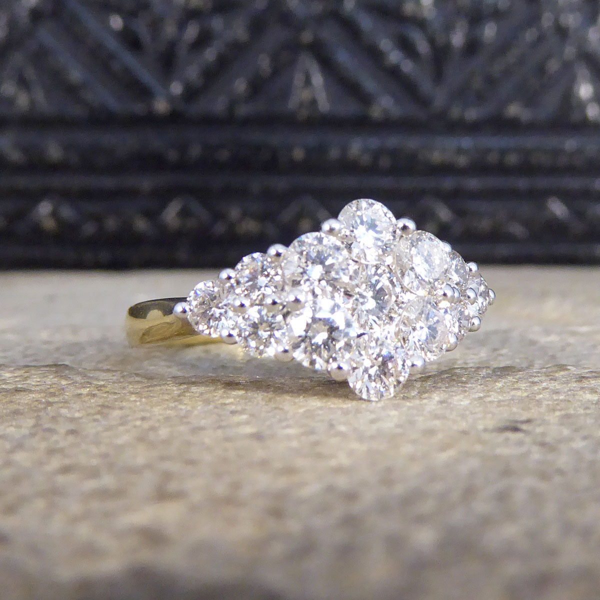 1.25ct Diamond Cluster Boat Shaped Ring in 18ct Yellow Gold - Wharfedale Antiques
