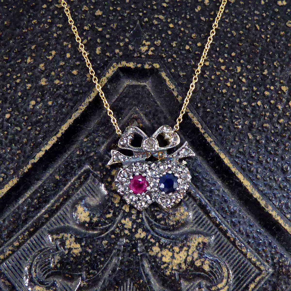 Victorian Inspired Sapphire and Ruby Double Heart Diamond Cluster Necklace with 18ct Yellow Gold Chain