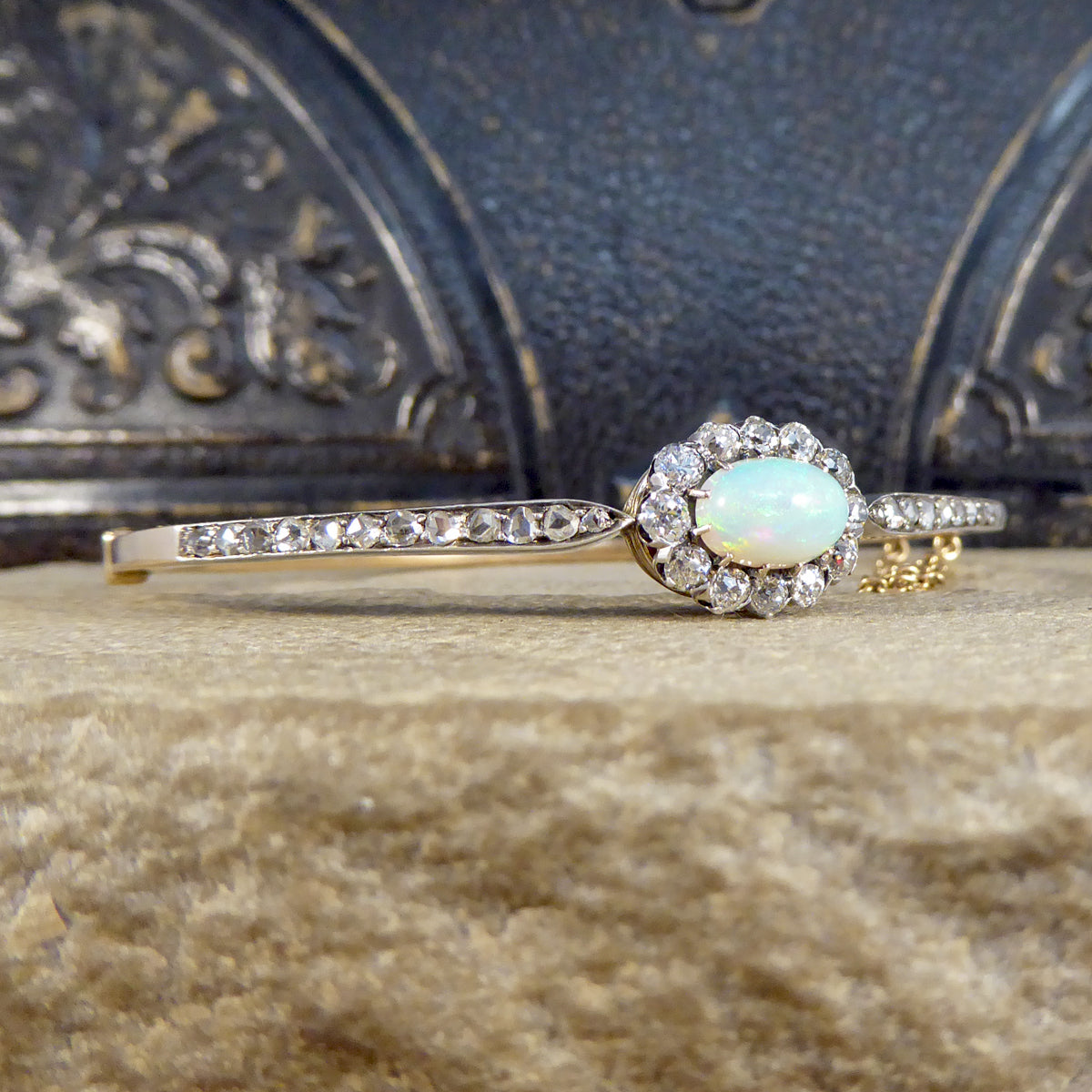 Late Victorian Opal and Diamond Cluster Bangle in 14ct Yellow Gold and Silver