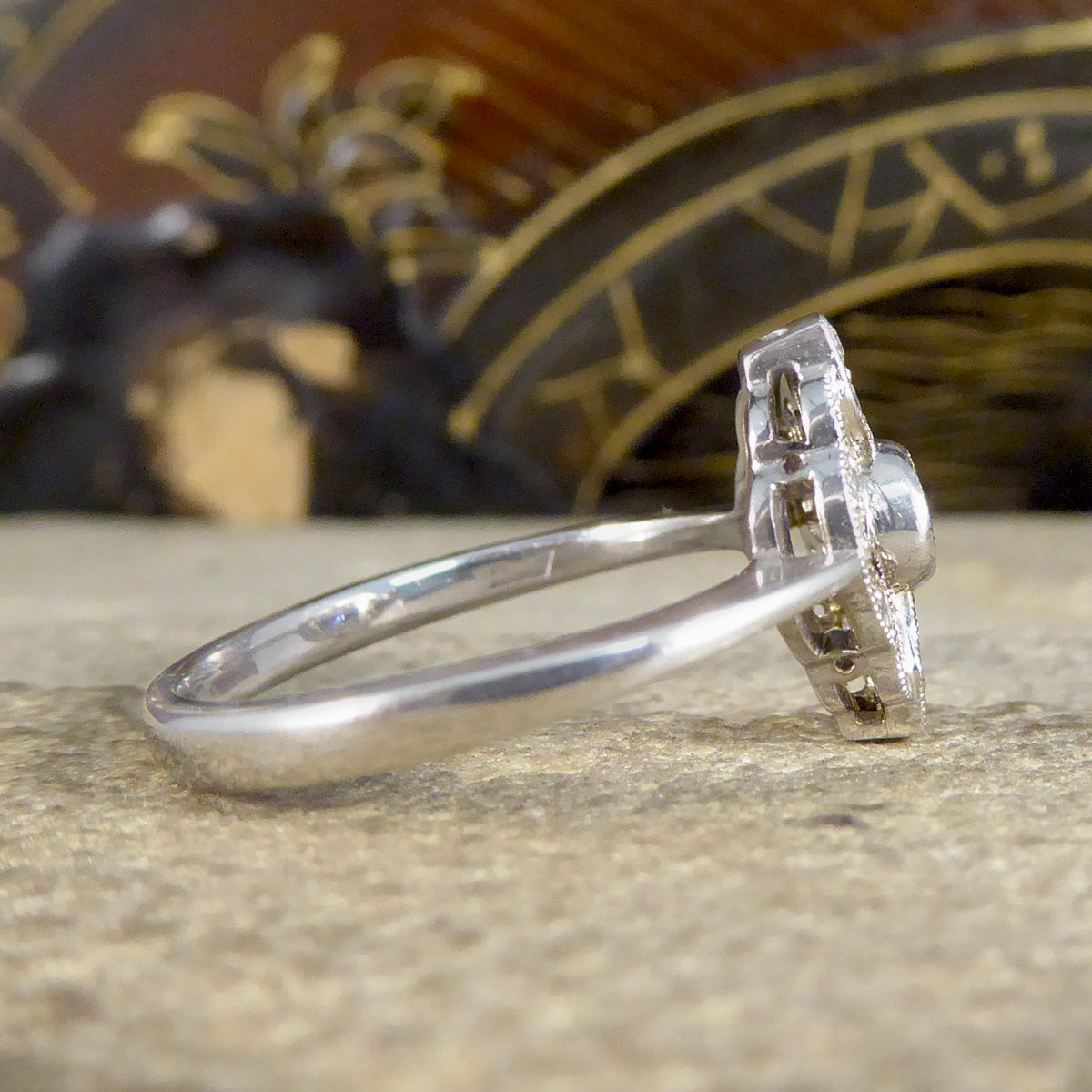 Premium Period Art Deco Replica Sapphire and Diamond Plaque Ring in 18ct White Gold - Wharfedale Antiques