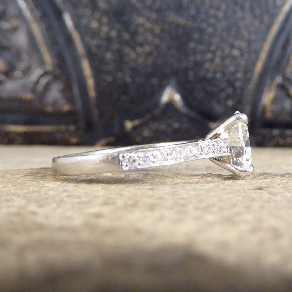 1.91ct Brilliant Cut Diamond Solitaire Engagement Ring with Diamond Shoulders in Platinum - Wharfedale Antiques