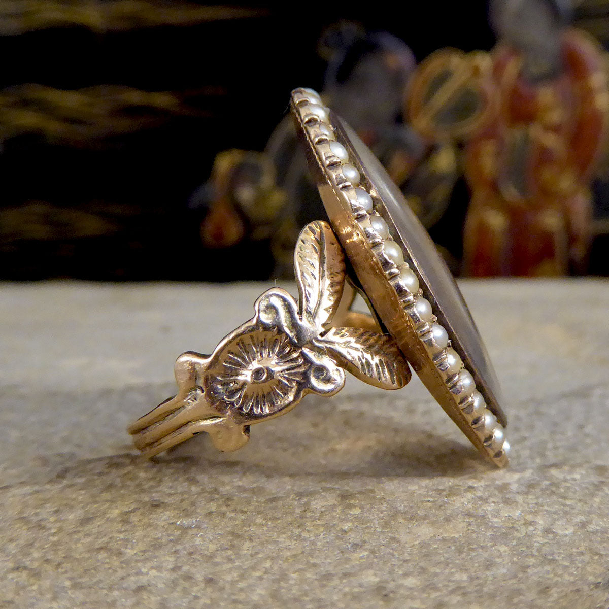 Antique Georgian Amitie Marquise Shaped Seed Pearl Memorial Ring with Platted Hair in Gold - Wharfedale Antiques