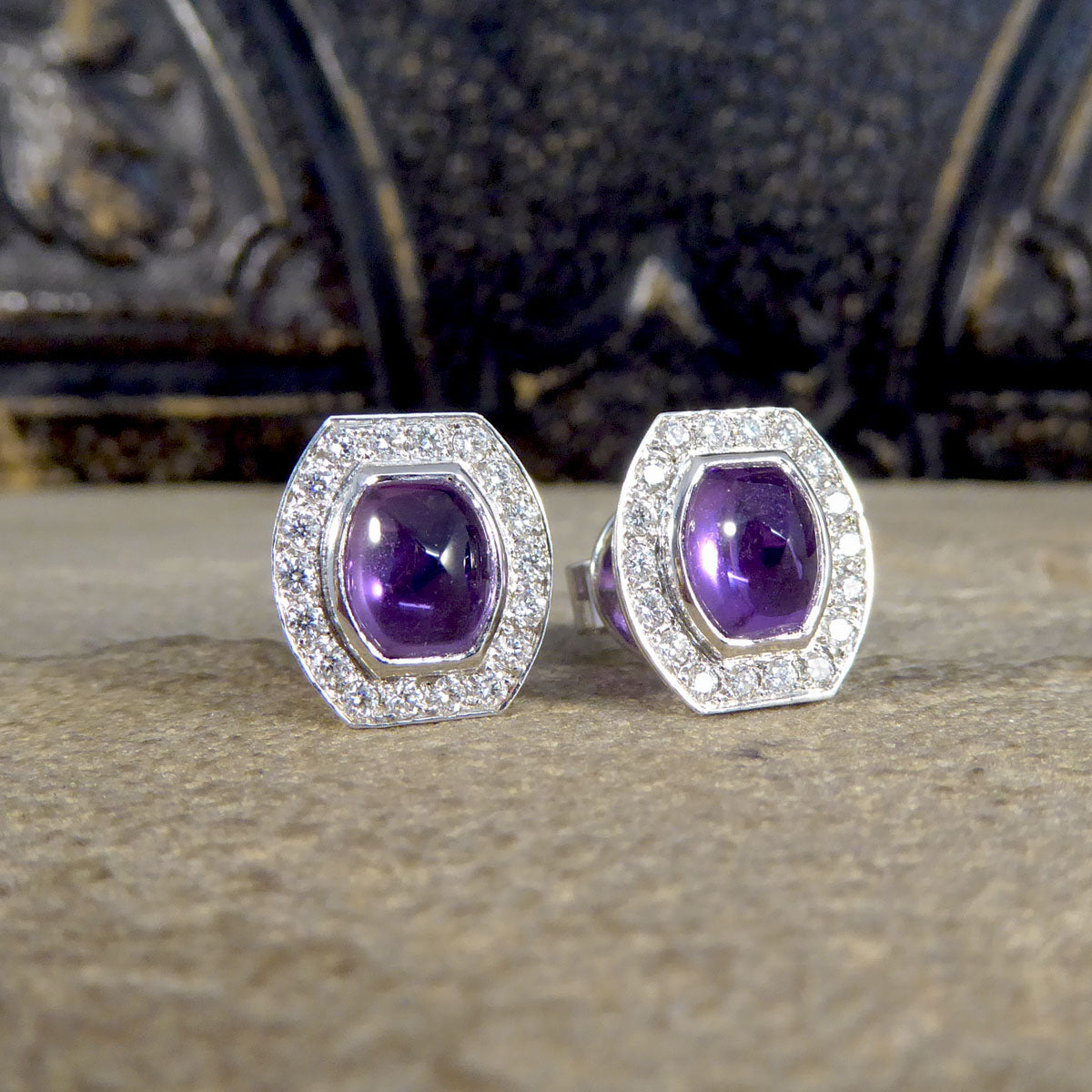 3.40ct Cabochon Cut Purple Sapphire and Diamond Halo Cluster Stud Earrings - Wharfedale Antiques