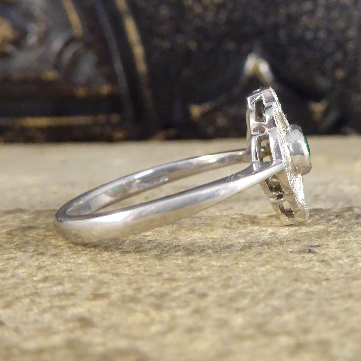Premium Period Art Deco Replica Emerald and Diamond Plaque Ring in 18ct White Gold - Wharfedale Antiques