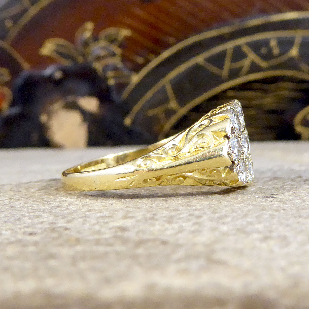 1.40ct Diamond Three Row Cluster Ring with Detailed Gallery in 18ct Yellow Gold - Wharfedale Antiques