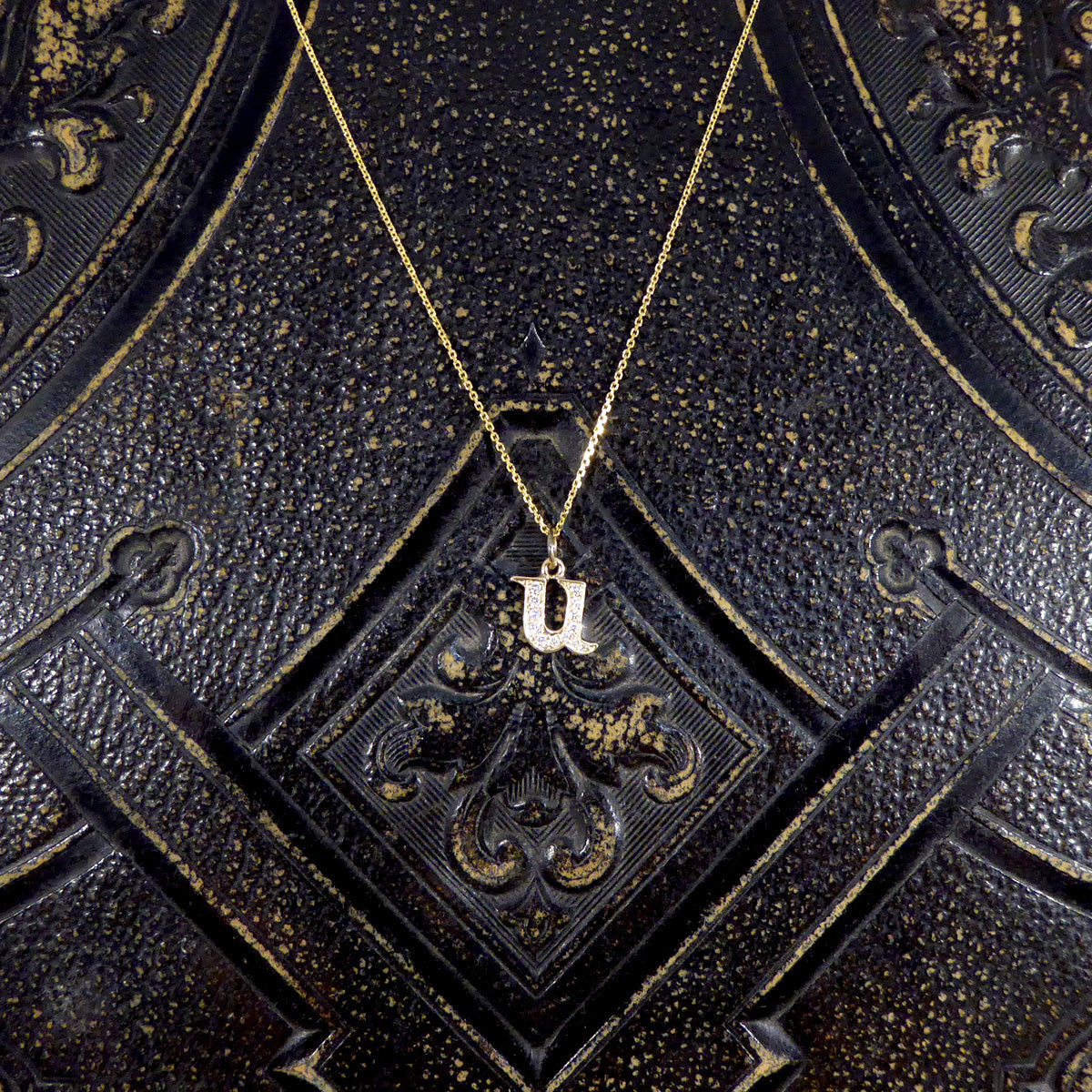 Diamond Set U Initial Pendant in 18ct Yellow Gold on a Yellow Gold Necklace Chain - Wharfedale Antiques